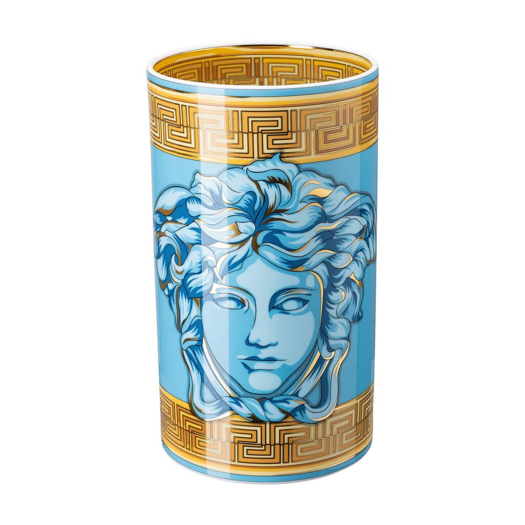 Versace Medusa Amplified Blue Coin Luxury Porcelain Vase 30 cm â€“ Cylindrical Design