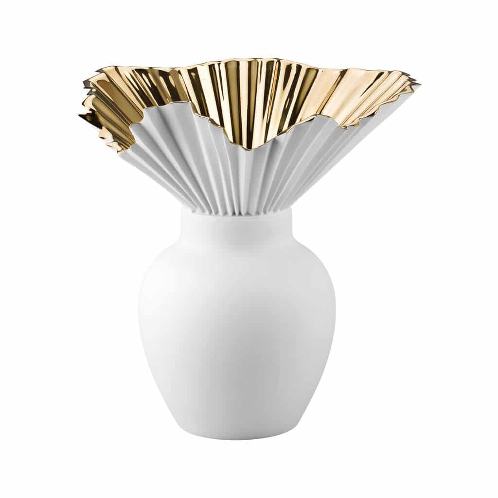 Rosenthal Falda Gold Porcelain Vase with Sculptural Pleated Collar 27cm