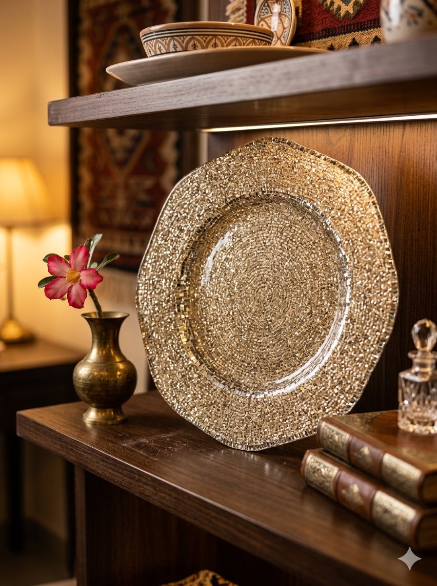 IVV Diamante Luxury Glass Plate 34 CM Beige/Chrome