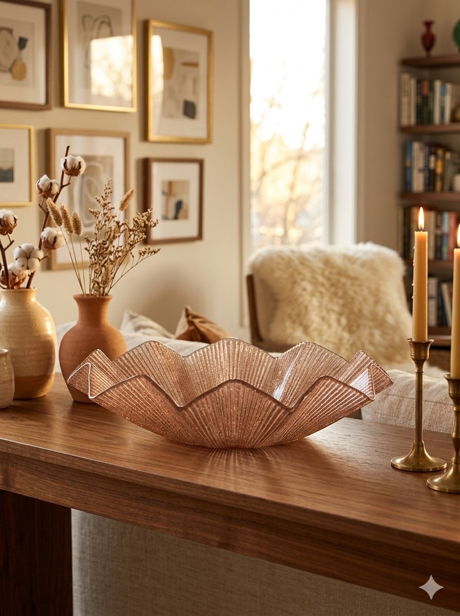NOEL GLASS CENTERPIECE CM.39 ROSE GOLD GLITTER DECOR